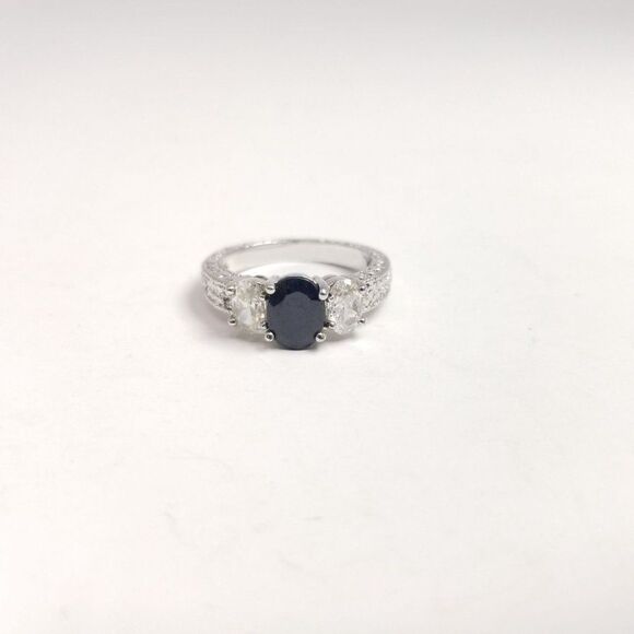 Vintage Black Oval Rhinestone Silver Tone Band, Stacking, Estate - Picture 6 of 6